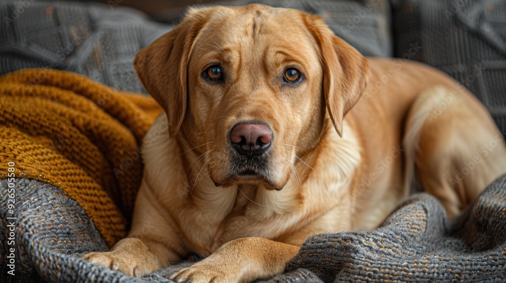 Brown Labrador retriever relaxing on a cozy blanket in a warm living room during the afternoon