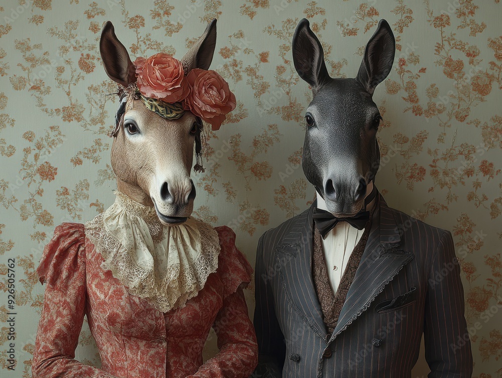 Fototapeta premium Victorian Donkey Couple in Vintage Floral Setting 