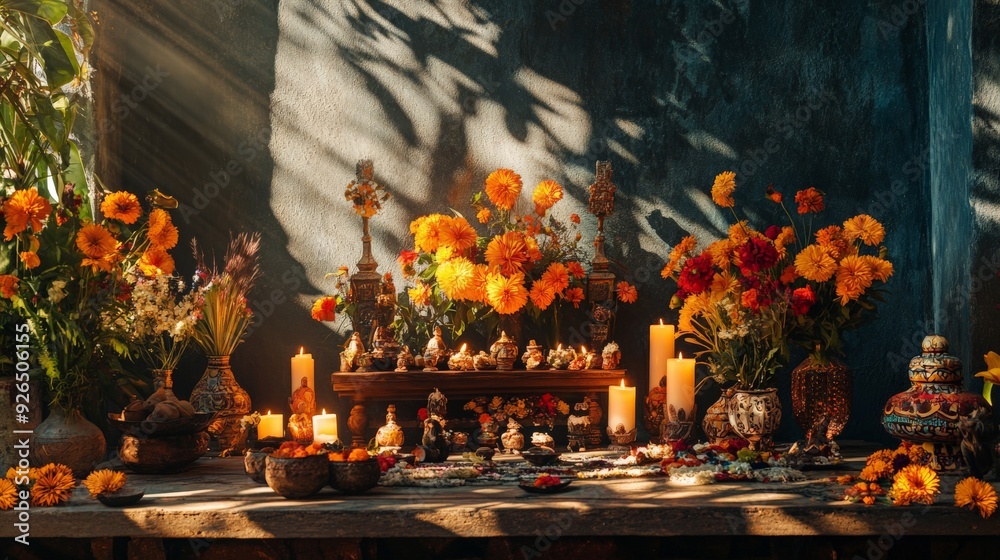 Beautiful altar adorned with vibrant marigolds, candles, and traditional decorations, bathed in warm sunlight, creating a serene atmosphere. Beautiful altar adorned with vibrant marigolds, candles, and traditional decorations, bathed in warm sunlight, creating a serene atmosphere.