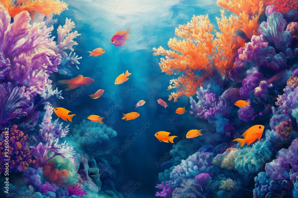 Naklejka premium Vibrant underwater coral reef scene with colorful fish swimming in the ocean