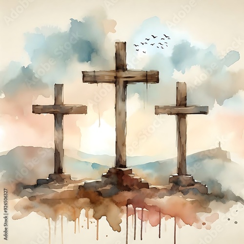 The three crosses on Golgotha. bliblical illustration of crosses with clouds