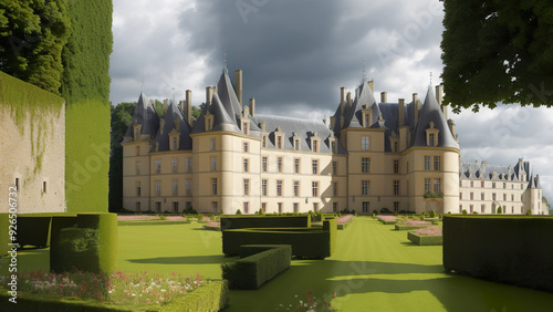 Château de Villandry - illusion, castle, architecture, garden, clouds, greenery, historic, building, estate, mansion, lawn, trees, sky, landscaping, outdoors, palace, stone photo