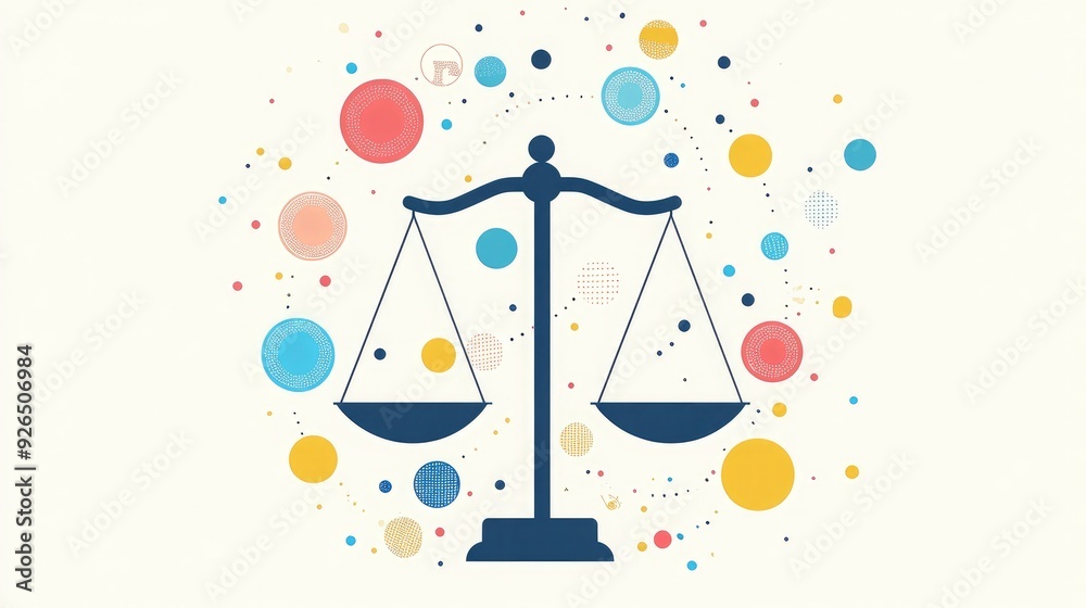 Justice scales with interconnected circles, unity in diversity, flat design illustration Justice scales with interconnected circles, unity in diversity, flat design illustration
