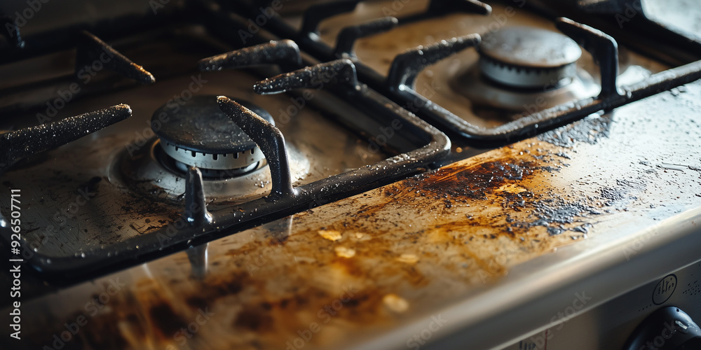 Close-up of a dirty gas stove with stains, grease, and burnt residue. The image captures the need for deep cleaning and maintenance in the kitchen environment. Close-up of a dirty gas stove with stains, grease, and burnt residue. The image captures the need for deep cleaning and maintenance in the kitchen environment.