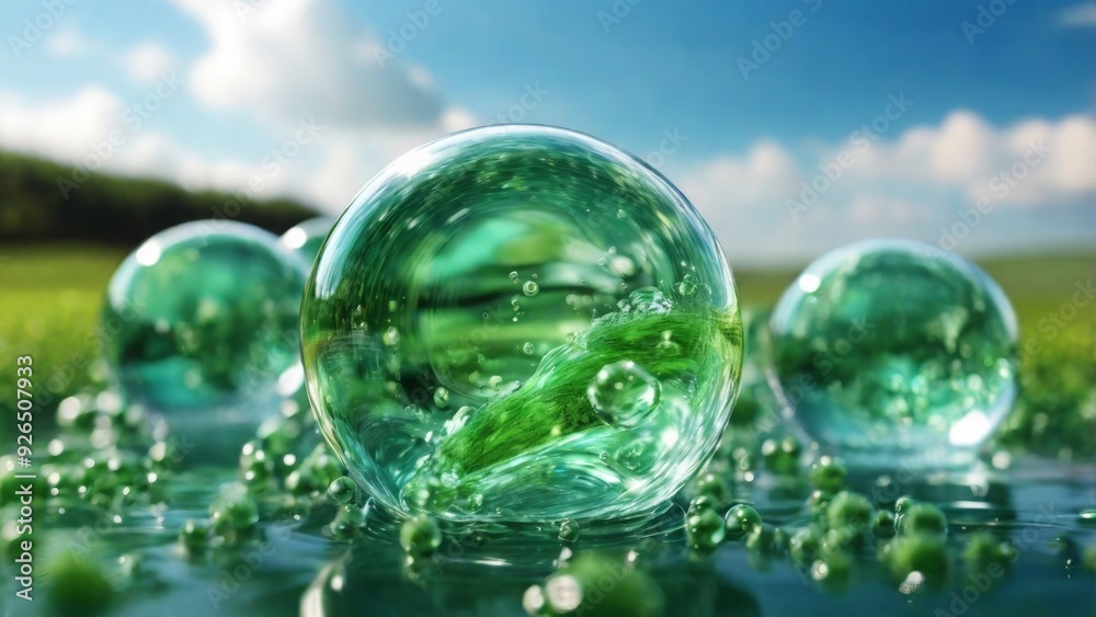 A close-up of a soap bubble with leaves inside. Natural background. Green leaves in soap bubble A close-up of a soap bubble with leaves inside. Natural background. Green leaves in soap bubble