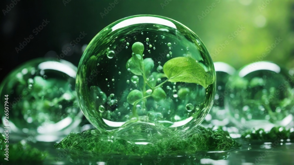 A close-up of a soap bubble with leaves inside. Natural background. Green leaves in soap bubble A close-up of a soap bubble with leaves inside. Natural background. Green leaves in soap bubble
