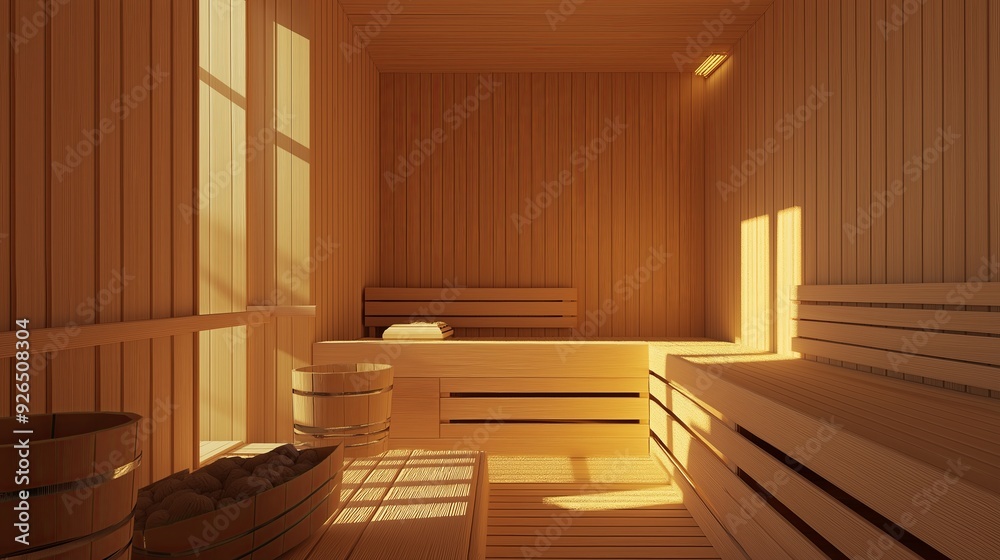 A minimalist sauna interior bathed in soft light, creating a warm and tranquil atmosphere for relaxation A minimalist sauna interior bathed in soft light, creating a warm and tranquil atmosphere for relaxation