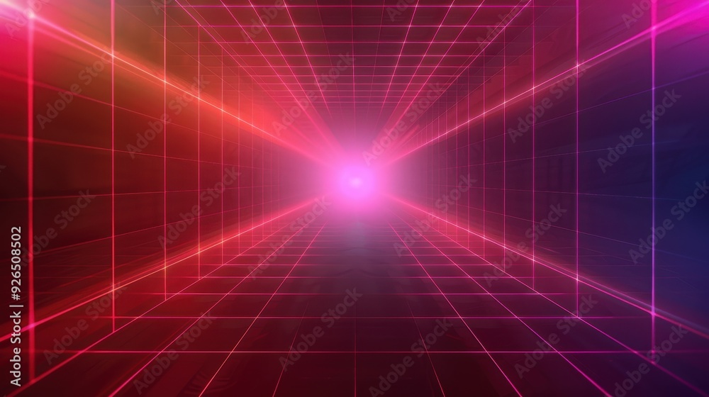 Futuristic neon-lit tunnel with vibrant pink and purple grid lines converging towards a bright light. Futuristic neon-lit tunnel with vibrant pink and purple grid lines converging towards a bright light.