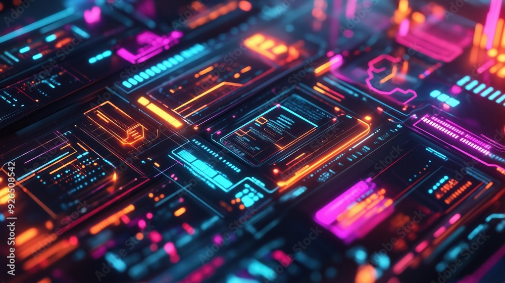 Fototapeta premium Colorful and vibrant futuristic digital interface filled with glowing data panels in neon hues, illustrating advanced technology, information systems, and cyber environments.