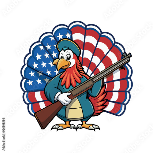 thanksgiving turkey with rifle on american flag background