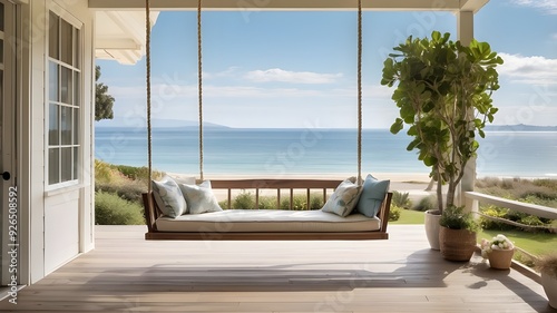 front porch of a seaside house with a swing chair and cushions and a distant view of the ocean