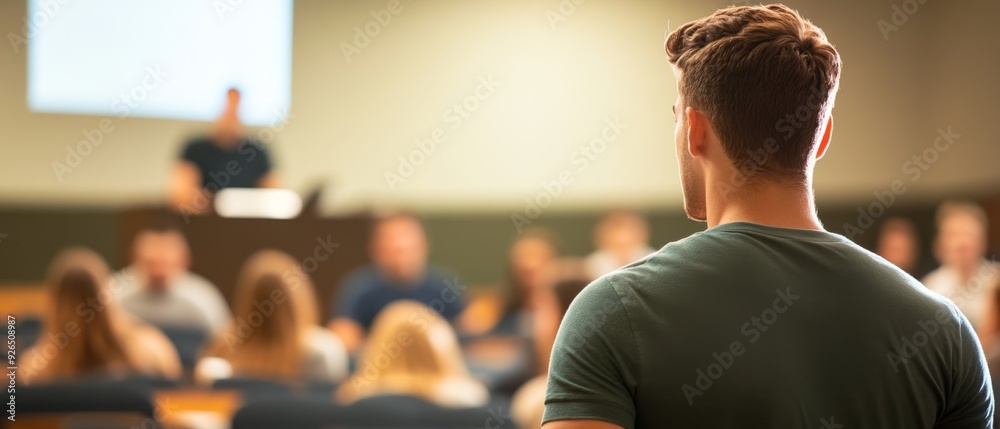 Fototapeta premium Engaging Classroom Presentation: Student Delivering Dynamic Speech with Visual Aids to Attentive Peers