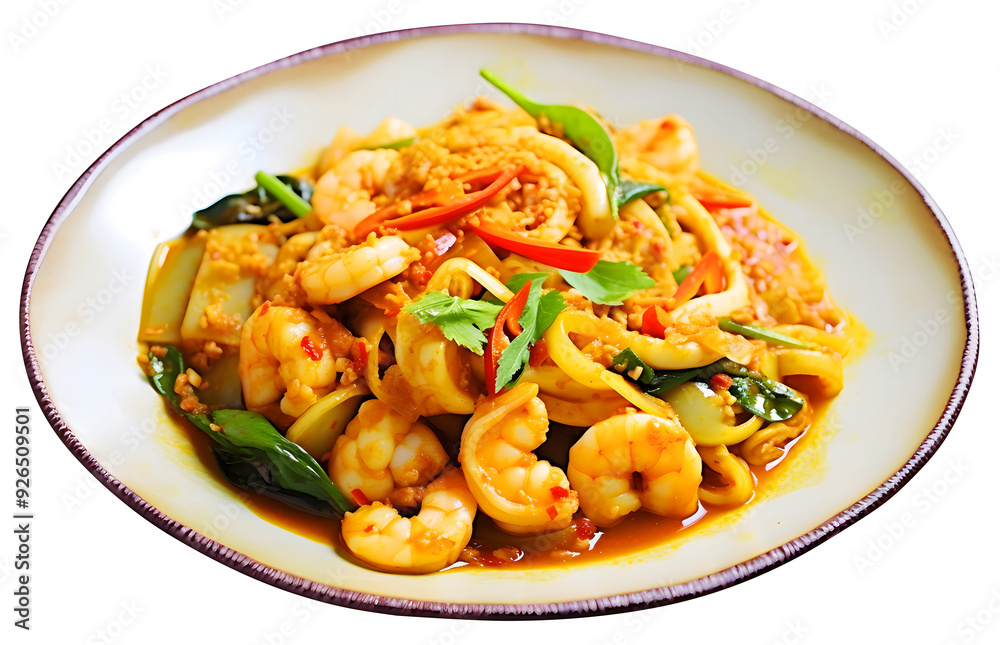 Shrimp and squid stir-fried with curry powder, a plate Asian stir fry, Thai food, PNG file, isolated background. Shrimp and squid stir-fried with curry powder, a plate Asian stir fry, Thai food, PNG file, isolated background.