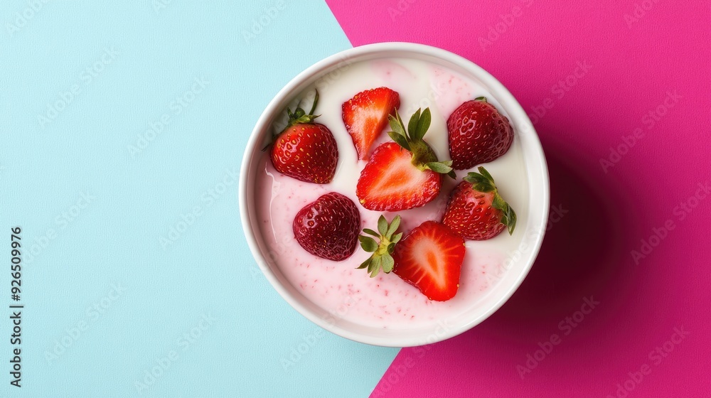 A simple, isolated shot of strawberry yogurt in a white bowl, centered on a colorful background with space for text. A simple, isolated shot of strawberry yogurt in a white bowl, centered on a colorful background with space for text.