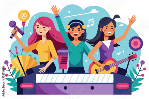 Three girlfriends are riding to a gig. Vector illustration
