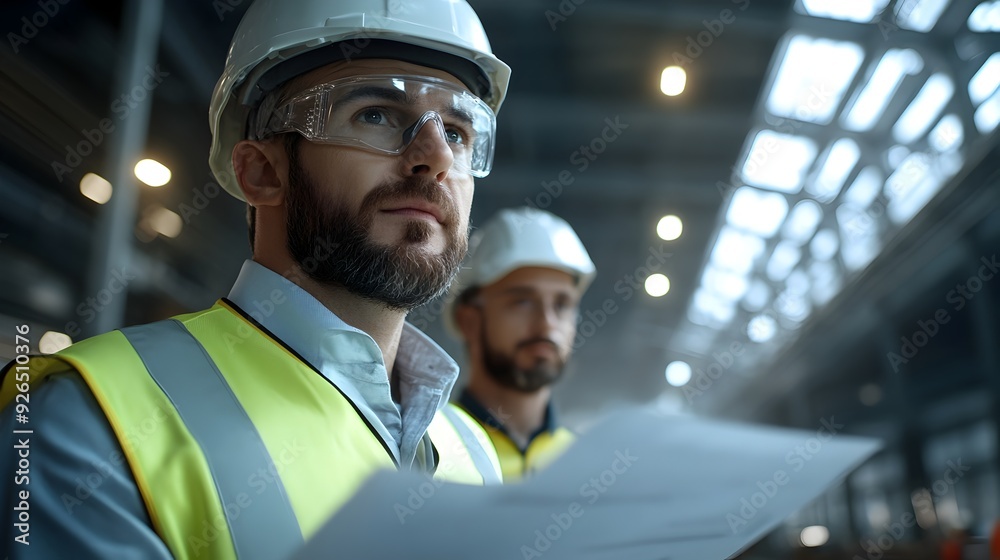 Engineer Reviewing Safety Protocols With Team in 3D Rendering of Industrial Workplace