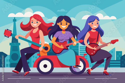 Three girlfriends are riding to a gig. Vector illustration
