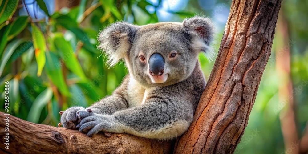 Obraz premium Koala peacefully resting in a eucalyptus tree , Australia, wildlife, nature, adorable, cute, marsupial, leaves, furry, branch