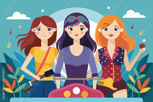 Three girlfriends are riding to a gig. Vector illustration
