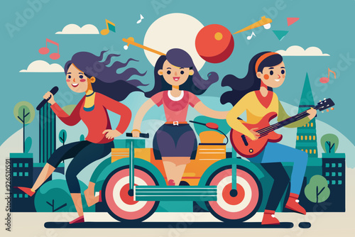 Three girlfriends are riding to a gig. Vector illustration
