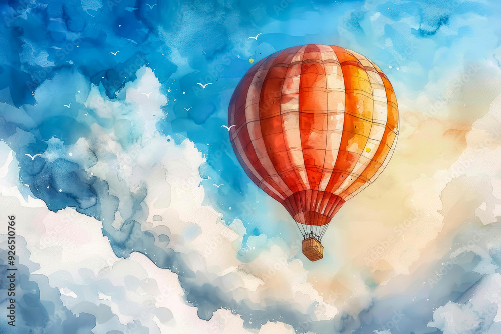 Fototapeta premium Watercolor illustration. Hot air balloon flies high in the sky among white fluffy clouds