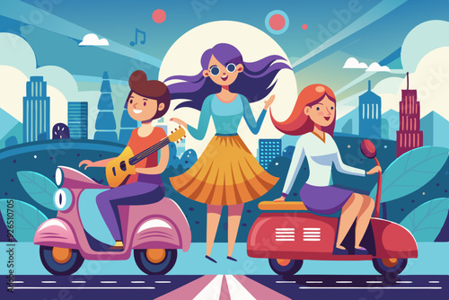 Three girlfriends are riding to a gig. Vector illustration
