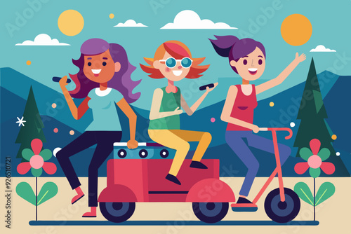 Three girlfriends are riding to a gig. Vector illustration
