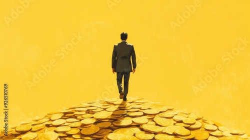 Illustration of a man confidently walking on a pile of gold coins, symbolizing financial success and stability, in a money-themed concept