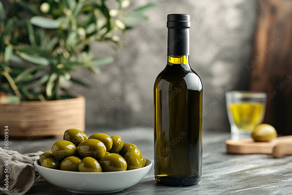 A mock up with plump green olives and a bottle of premium olive oil, perfect for cooking and Mediterranean cuisine. A mock up with plump green olives and a bottle of premium olive oil, perfect for cooking and Mediterranean cuisine.