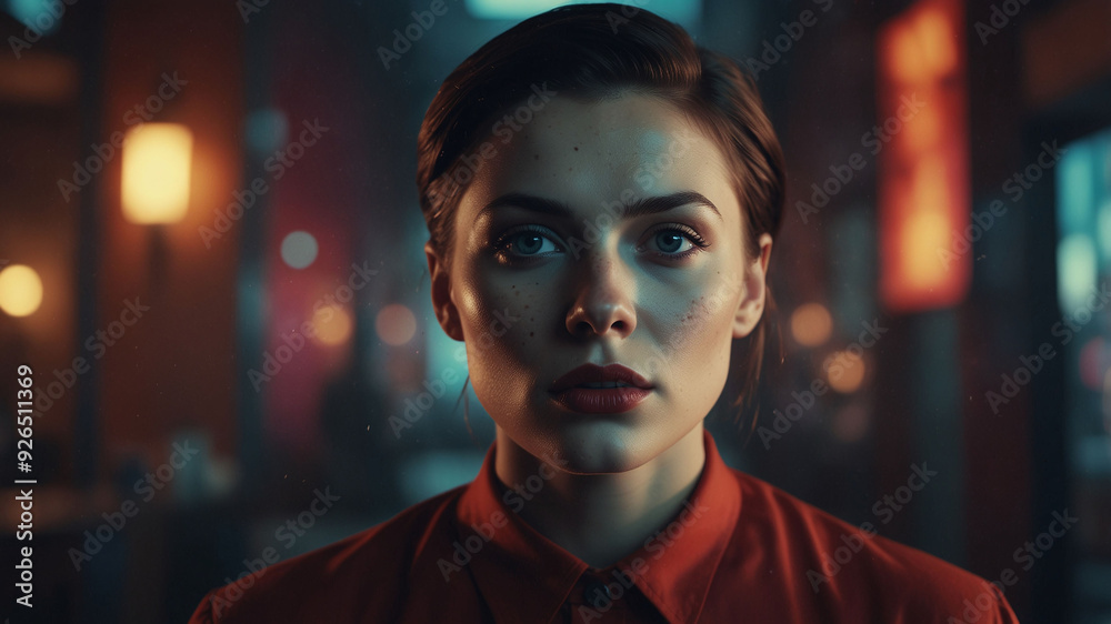 Portrait of a Young Woman with Short Hair in a Dimly Lit Urban Setting Portrait of a Young Woman with Short Hair in a Dimly Lit Urban Setting