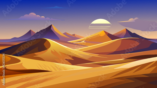 A view of a sand dune in the desert with a half-setting sun casting long shadows on the sand