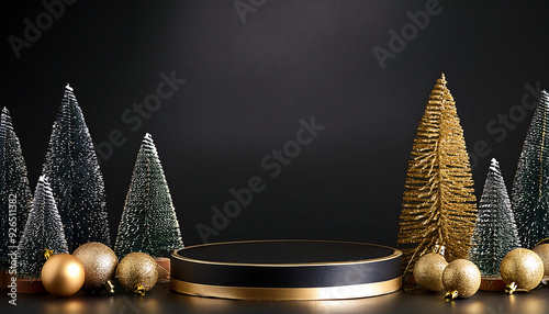  Black Podium with Gold Decorations and Christmas Ornaments _1(2) photo