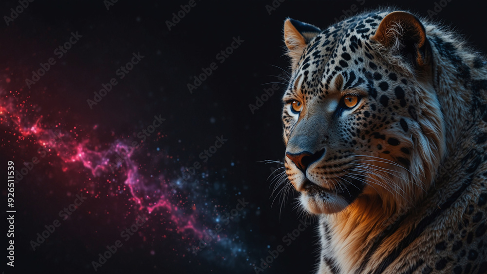 Close-Up of a Leopard with Cosmic Nebula Background in a Dark Night Setting Close-Up of a Leopard with Cosmic Nebula Background in a Dark Night Setting
