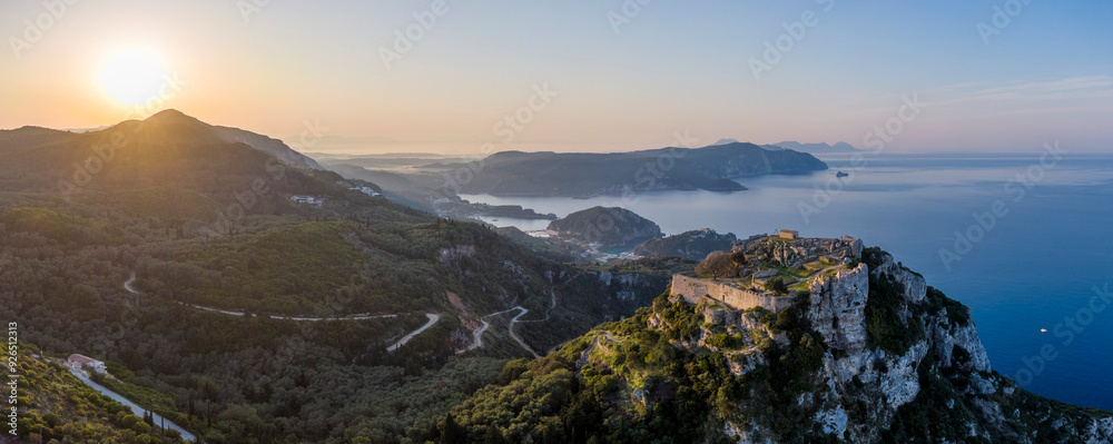 Aerial panorama of Angelokastro castle and the bay of Palaiokastritsa on the island of Corfu