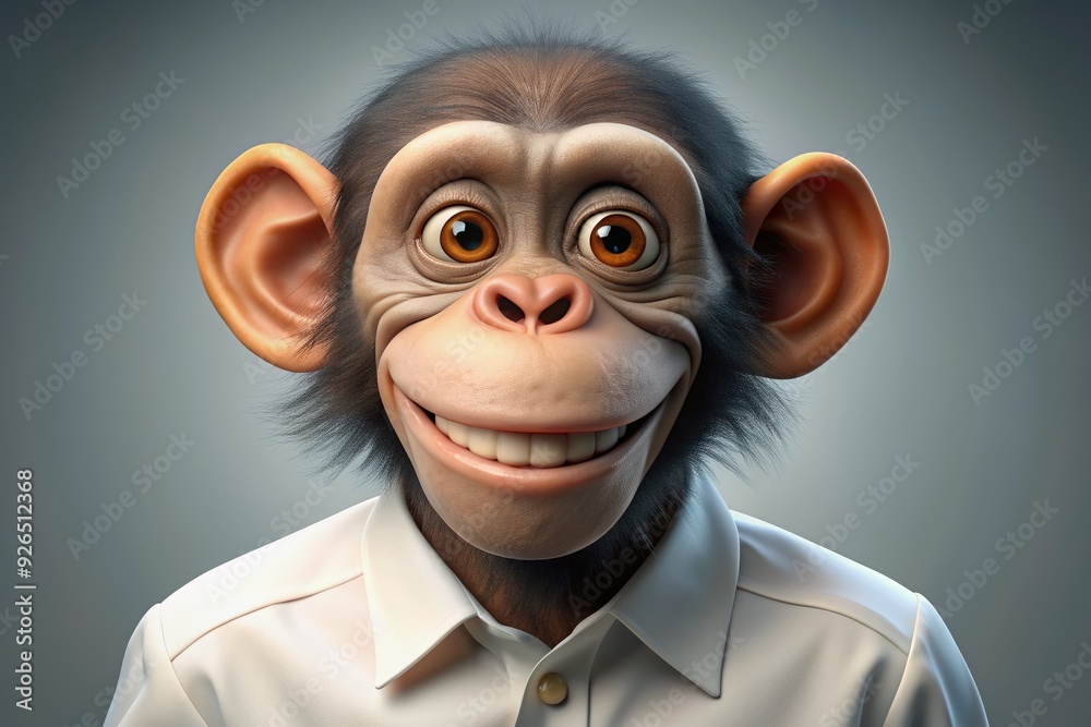 Vibrant, cartoon monkey with big smile and bright, inquisitive eyes wears a crisp, white button-down shirt in a playful, anthropomorphic character design.