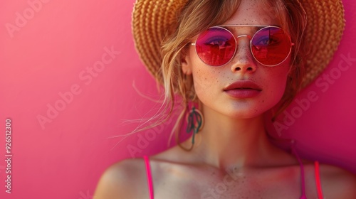 Young woman in stylish sunglasses and straw hat poses against a vibrant pink background in summer