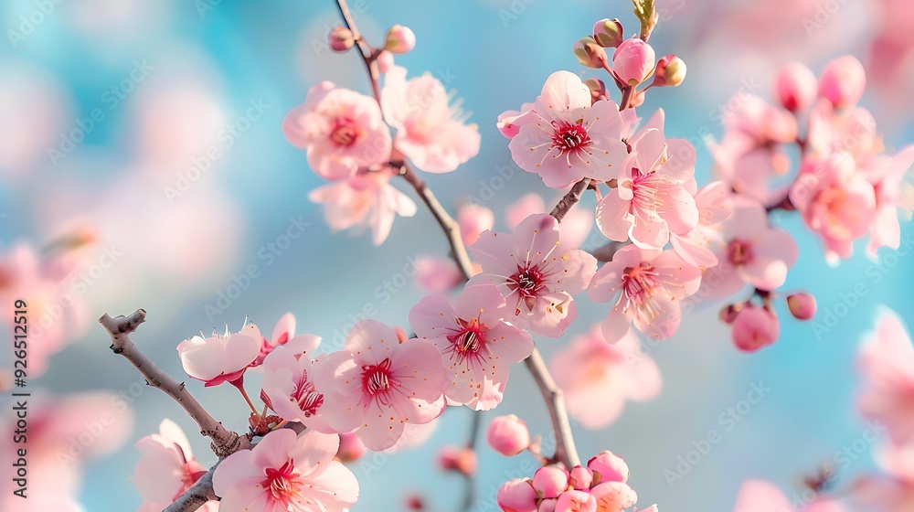 Close-up of delicate pink blossoms on a branch against a soft blue background. Close-up of delicate pink blossoms on a branch against a soft blue background.