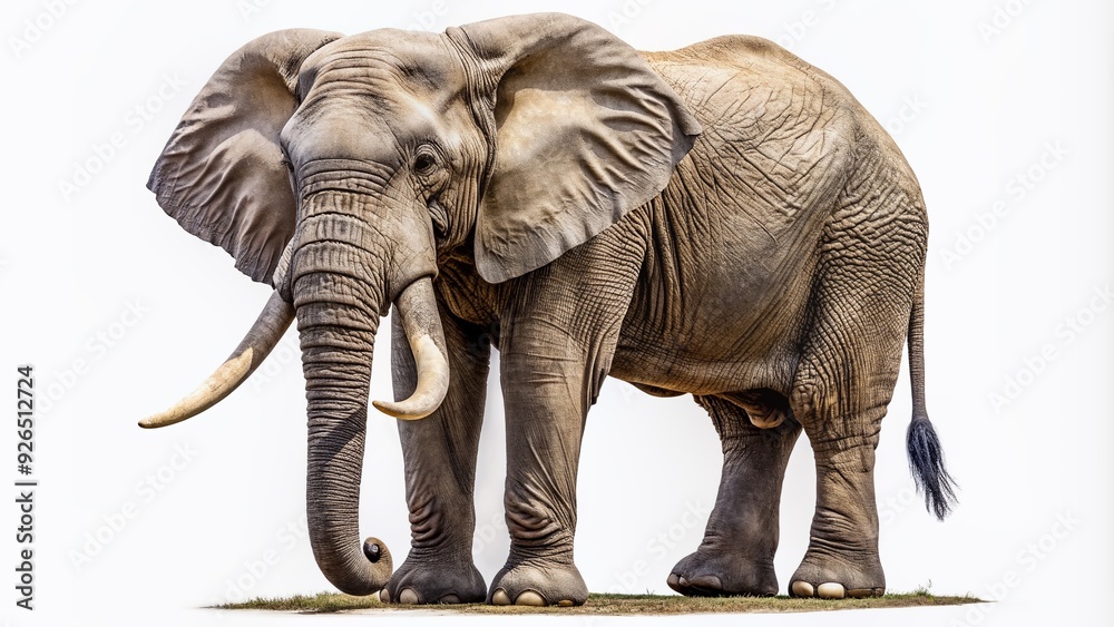 Obraz premium Large majestic African elephant with wrinkled gray skin and long tusks stands isolated on a transparent background, perfect for digital composition and editing.