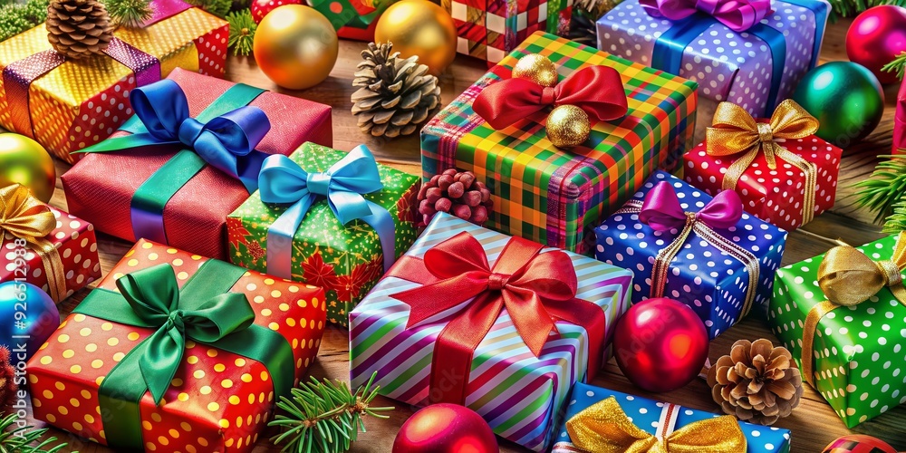 Colorful array of festive holiday gifts wrapped in vibrant paper and adorned with bows, ornaments, and ribbons, evoking a sense of joy and festive cheer. Colorful array of festive holiday gifts wrapped in vibrant paper and adorned with bows, ornaments, and ribbons, evoking a sense of joy and festive cheer.