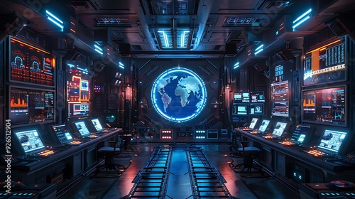 A futuristic control room with AI systems extracting insights from massive datasets, displaying complex data visualizations on large holographic screens. Created Using: advanced technology,