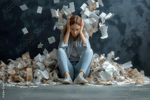 Woman unable to cope, mounting debt, bills, state of anxiety, depression, hopelessness, spiraling out of control. 