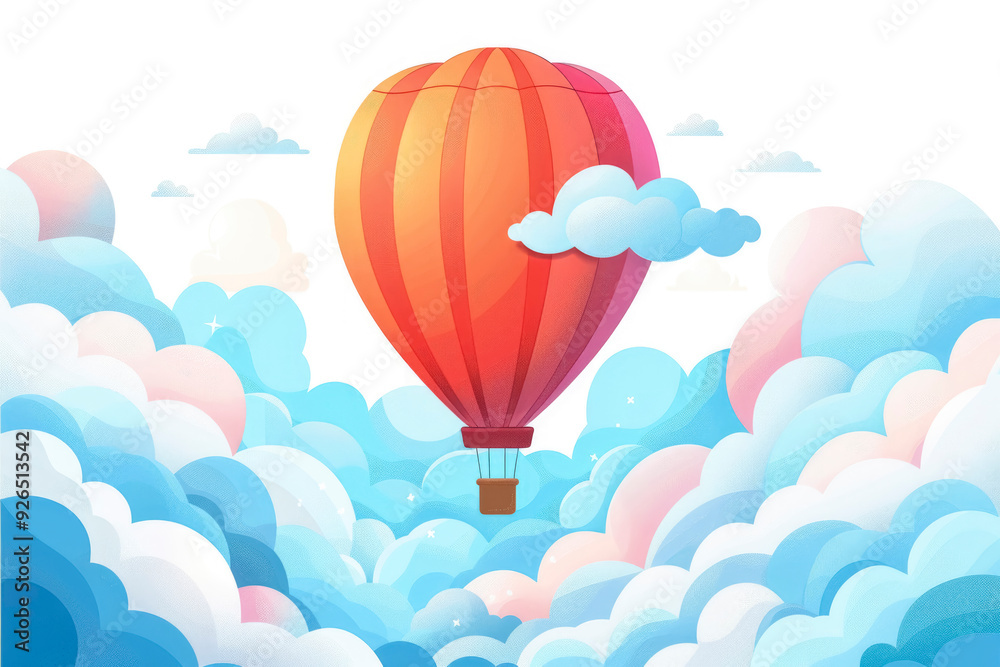 Obraz premium flat vector illustration. hot air balloon hovering in the sky and cloud on white background. in children's illustration style