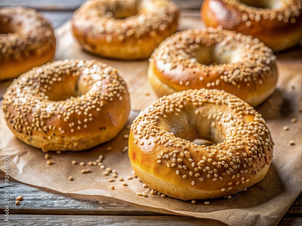 Freshly baked homemade bagels with crispy texture and sesame seed topping, arranged on baking paper, offering ample space for creative use and customization. Freshly baked homemade bagels with crispy texture and sesame seed topping, arranged on baking paper, offering ample space for creative use and customization.