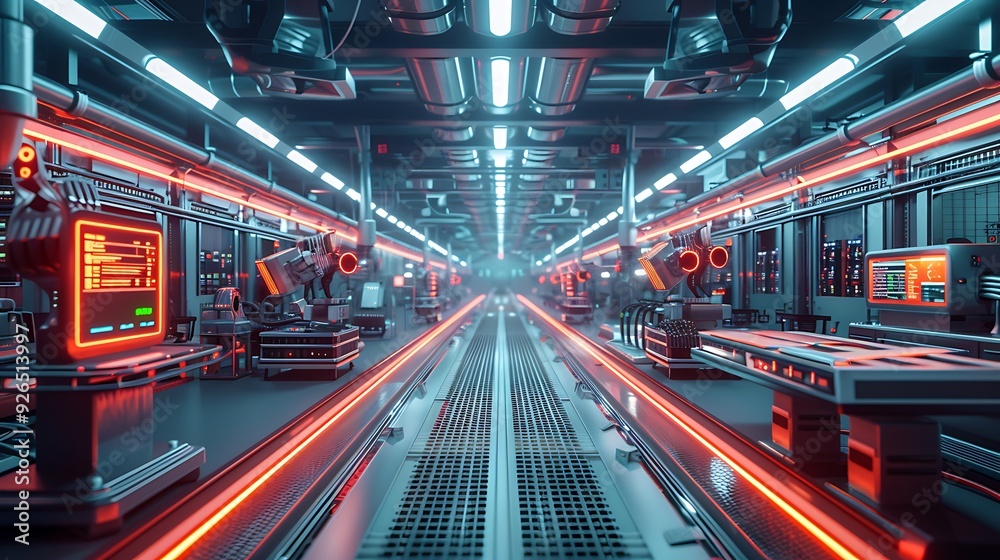 A futuristic factory floor with AI systems overseeing the automated assembly of electronic devices, displaying efficiency metrics on digital screens. Created Using: high-tech manufacturing, A futuristic factory floor with AI systems overseeing the automated assembly of electronic devices, displaying efficiency metrics on digital screens. Created Using: high-tech manufacturing,