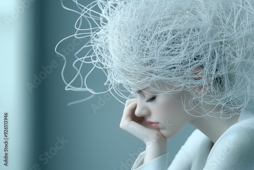 Woman wired brain, jumbled thoughts, unable to cope, confused thoughts, mounting debt, bills, state of anxiety, depression, hopelessness, spiraling out of control. 
