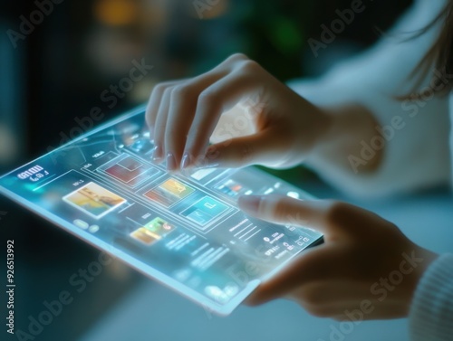 A woman is using a tablet to scroll through a menu