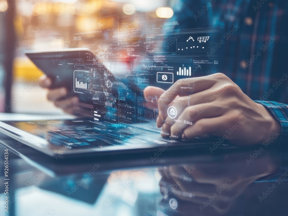 A person is using a tablet to look at a screen with a lot of numbers and graphs A person is using a tablet to look at a screen with a lot of numbers and graphs