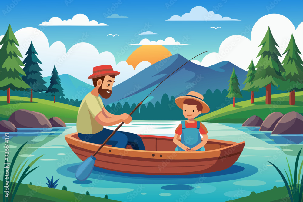 Fishing on the lake. Father and son go fishing while sitting in boat
Fishing on the lake. Father and son go fishing while sitting in boat