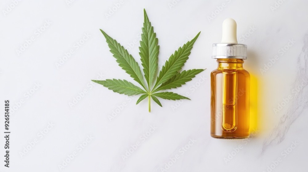 Medical cannabis oil vial alongside a marijuana leaf, emphasizing the growing use of natural remedies in healthcare Medical cannabis oil vial alongside a marijuana leaf, emphasizing the growing use of natural remedies in healthcare