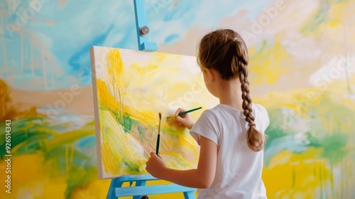 young girl painting on a canvas in an art class, using bright colors with a yellow color scheme, captured in a product-style photography for e-commerce photo